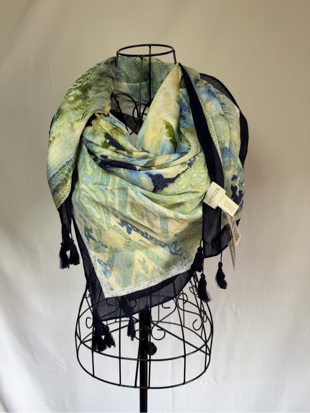 Chico's Navy Blue, Light Blue & Green Tassel Shawl Wrap